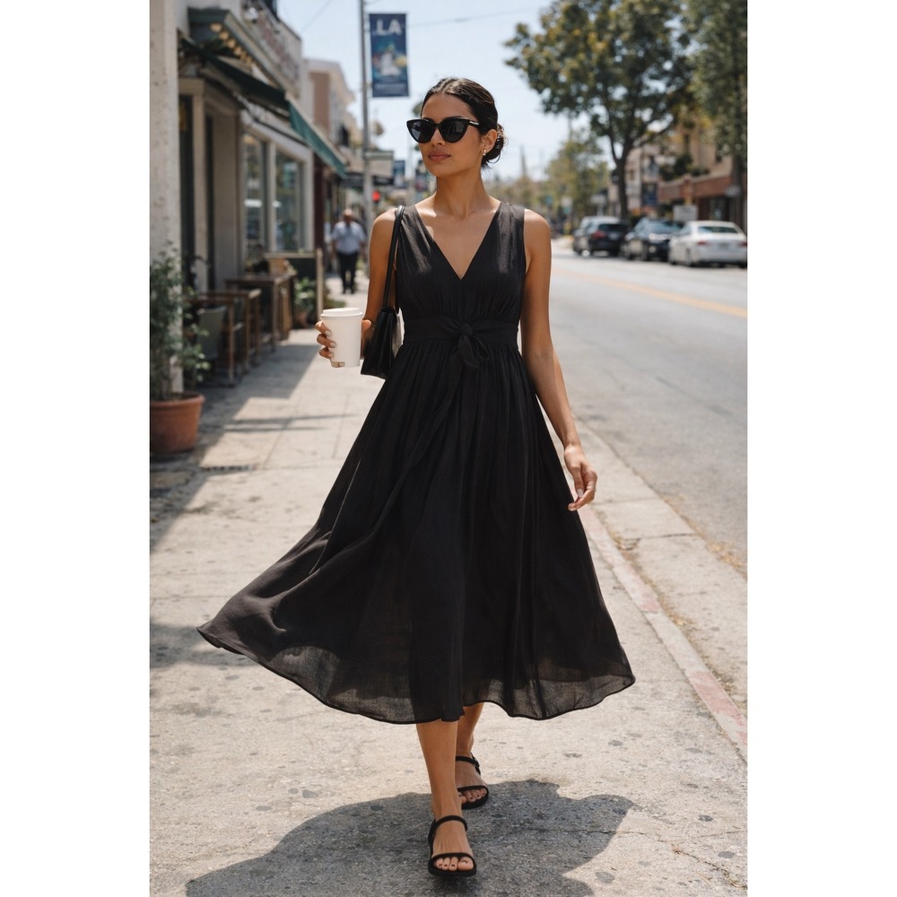 Other Stories Paris Atelier Black V Neck Midi Dress Side Tie Size 2